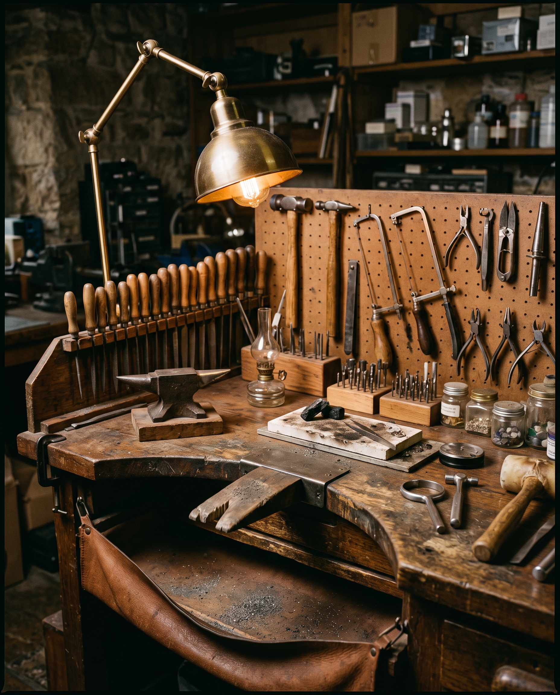 Établi de joaillier en bois, outils rangés et lampe d'atelier allumée