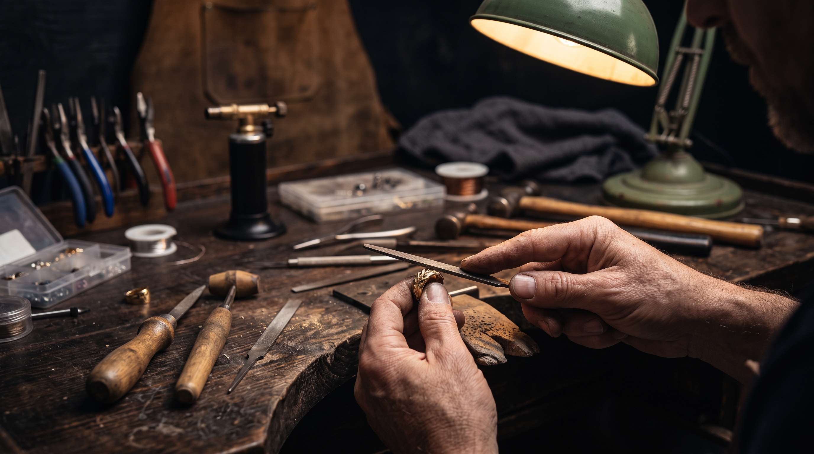 Artisan bijoutier au travail dans l'atelier, loupe et outils de précision